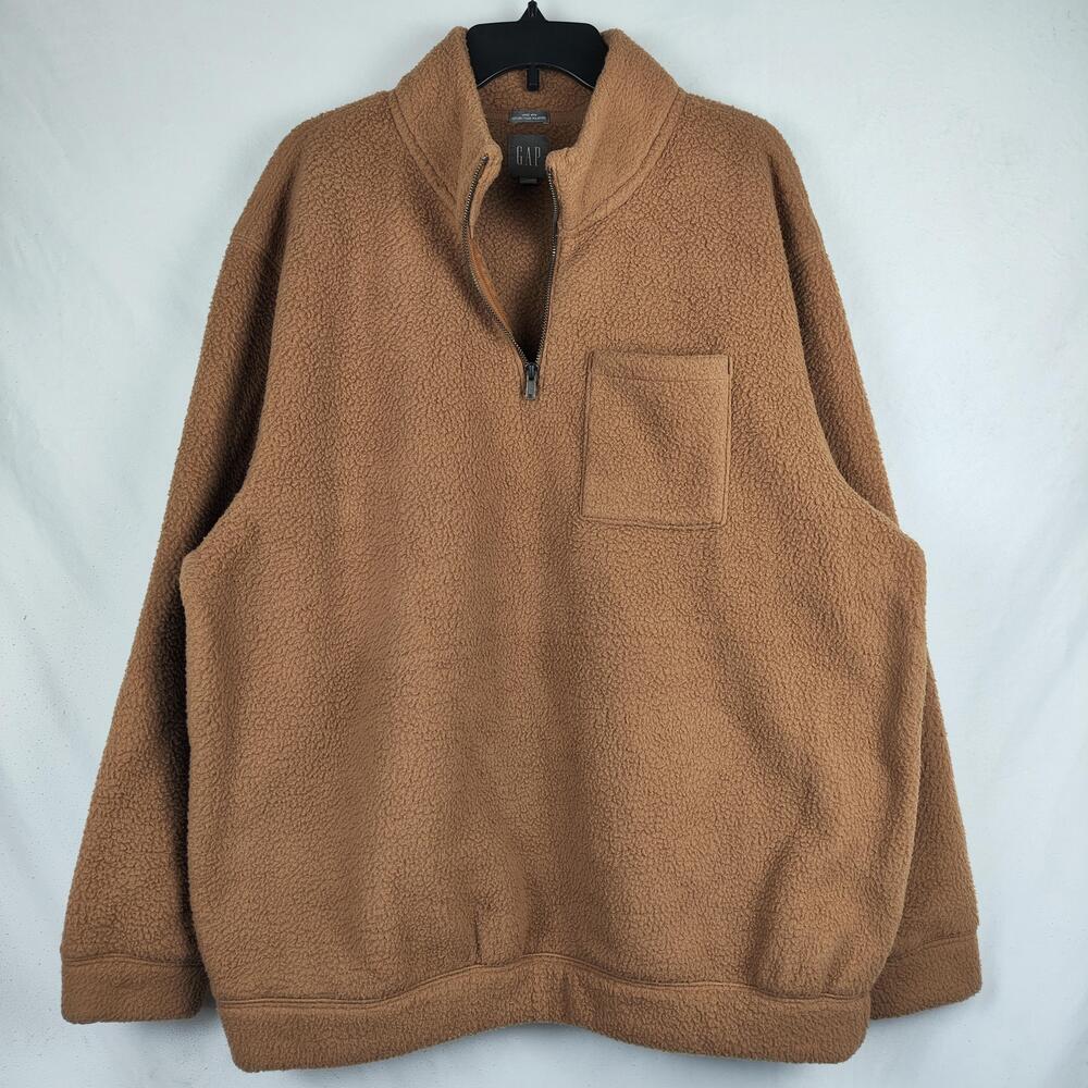 Gap Sweatshirt Mens XL Brown 1/4 Zip Fleece Pullover Mock Neck Front Pocket